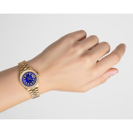 Orologio da donna Rolex stile presidenziale con quadrante in diamanti e corda blu in oro giallo P1