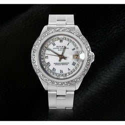 Orologio da donna con data e cordino bianco, quadrante con diamanti, lunetta in acciaio inossidabile
