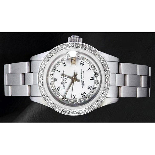 Orologio da donna con data e cordino bianco, quadrante con diamanti, lunetta in acciaio inossidabile