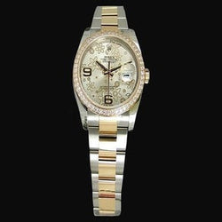 Orologio da donna con lunetta di diamanti di medie dimensioni Rolex con lunetta di fabbrica, quadrante floreale