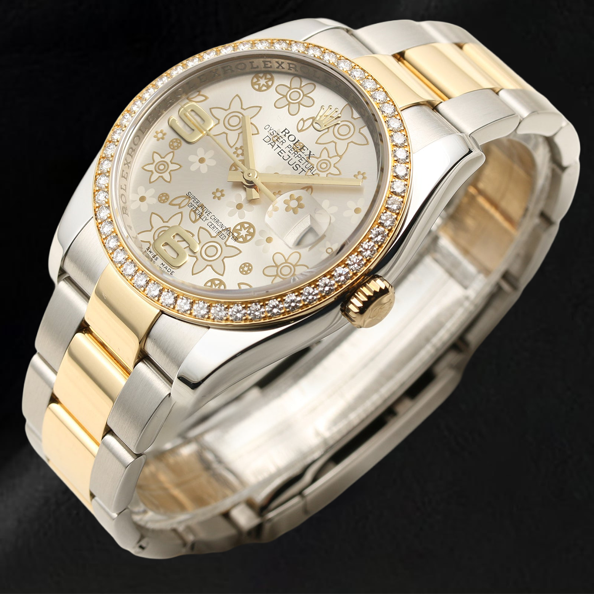 Orologio da donna con lunetta di diamanti di medie dimensioni Rolex con lunetta di fabbrica, quadrante floreale