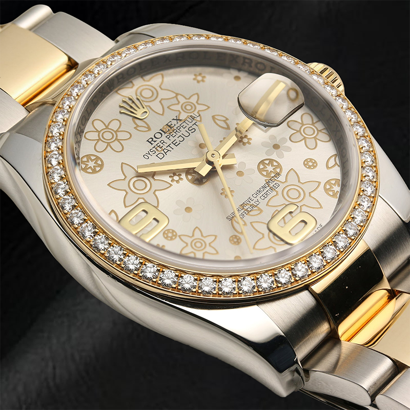 Orologio da donna con lunetta di diamanti di medie dimensioni Rolex con lunetta di fabbrica, quadrante floreale