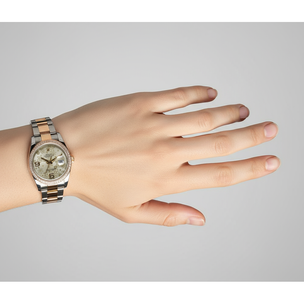 Orologio da donna con lunetta di diamanti di medie dimensioni Rolex con lunetta di fabbrica, quadrante floreale P2