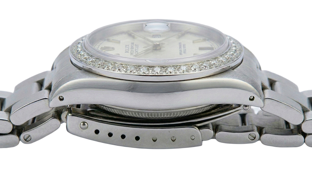 Orologio da donna con quadrante in argento e lunetta in diamanti, cinturino con data Rolex