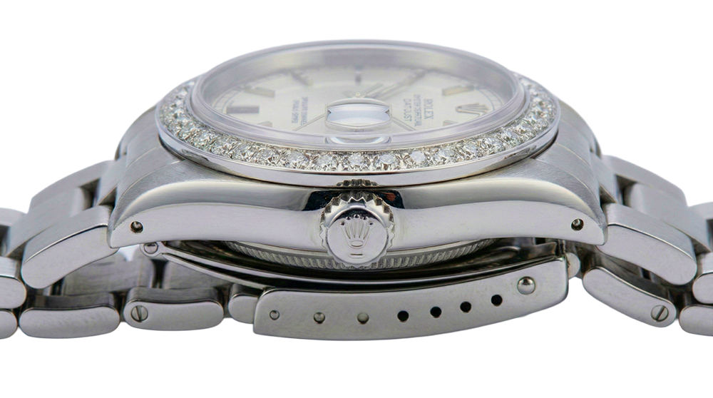 Orologio da donna con quadrante in argento e lunetta in diamanti, cinturino con data Rolex