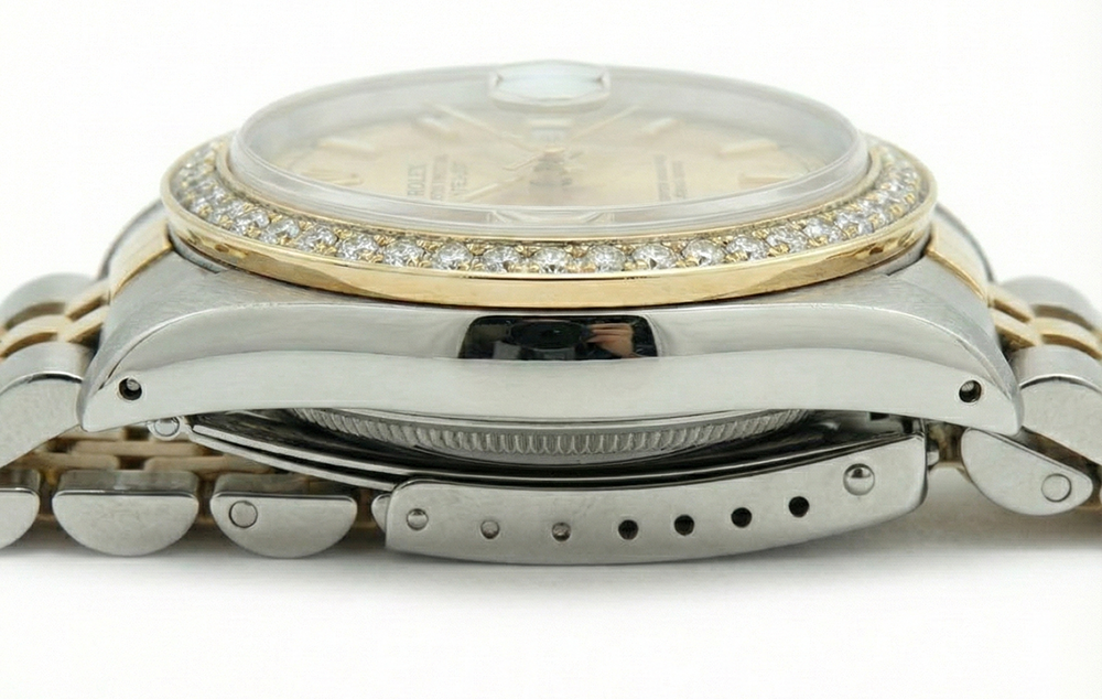 Orologio da donna giubileo in acciaio inossidabile e lunetta in oro con diamanti, quadrante a bastone, data Rolex