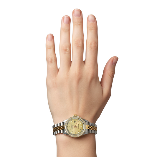 Orologio da donna giubileo in acciaio inossidabile e lunetta in oro con diamanti, quadrante a bastone, data Rolex P2