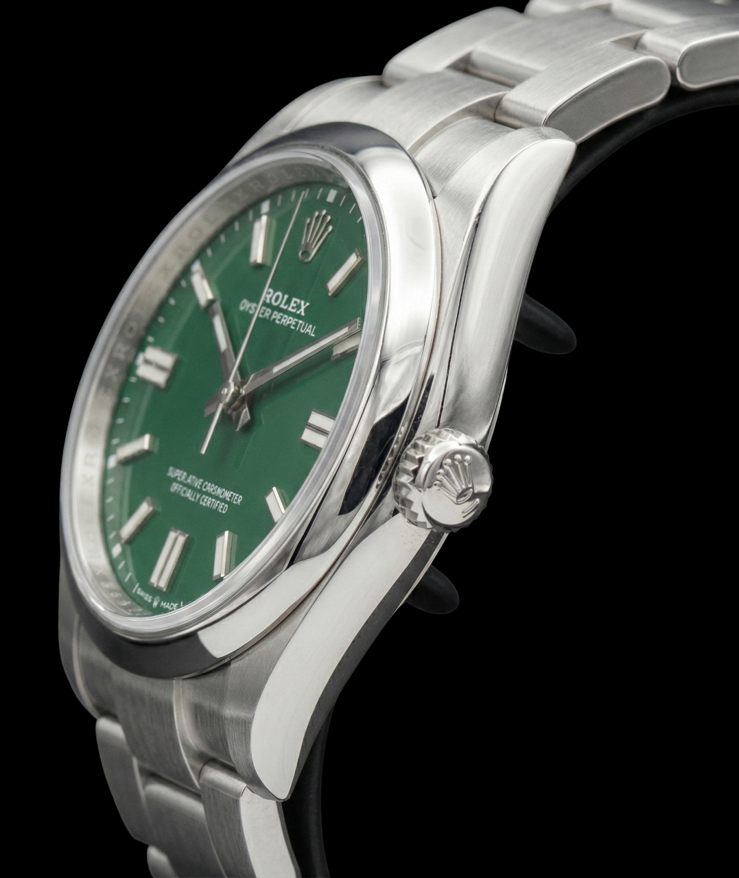 Orologio da donna in acciaio Rolex ostrica perpetua con quadrante luminoso verde