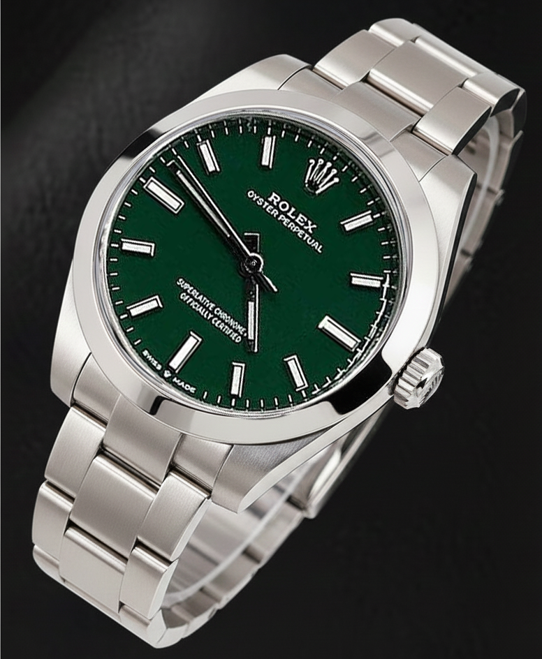Orologio da donna in acciaio Rolex ostrica perpetua con quadrante luminoso verde