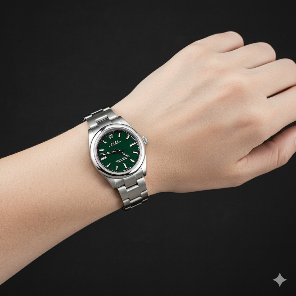 Orologio da donna in acciaio Rolex ostrica perpetua con quadrante luminoso verde P4