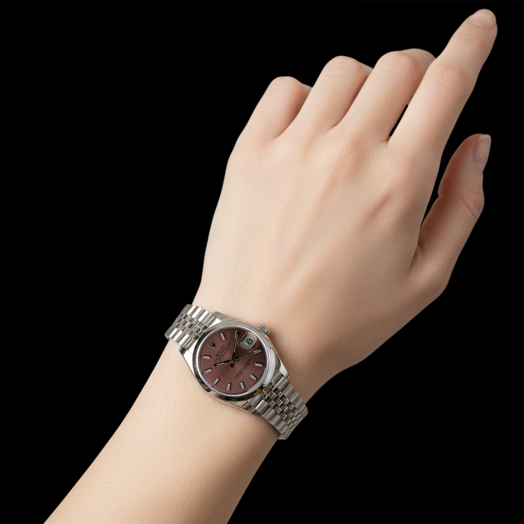 Orologio da donna in acciaio con quadrante luminoso color salmone da 31 mm, Rolex Date-just P4