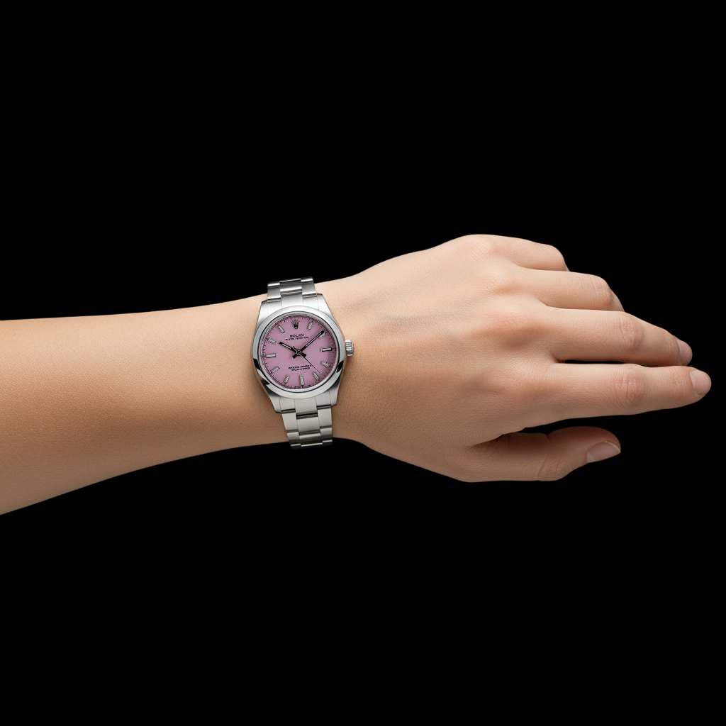 Orologio da donna in acciaio con quadrante luminoso rosa caramello Rolex ostrica perpetua da 31 mm