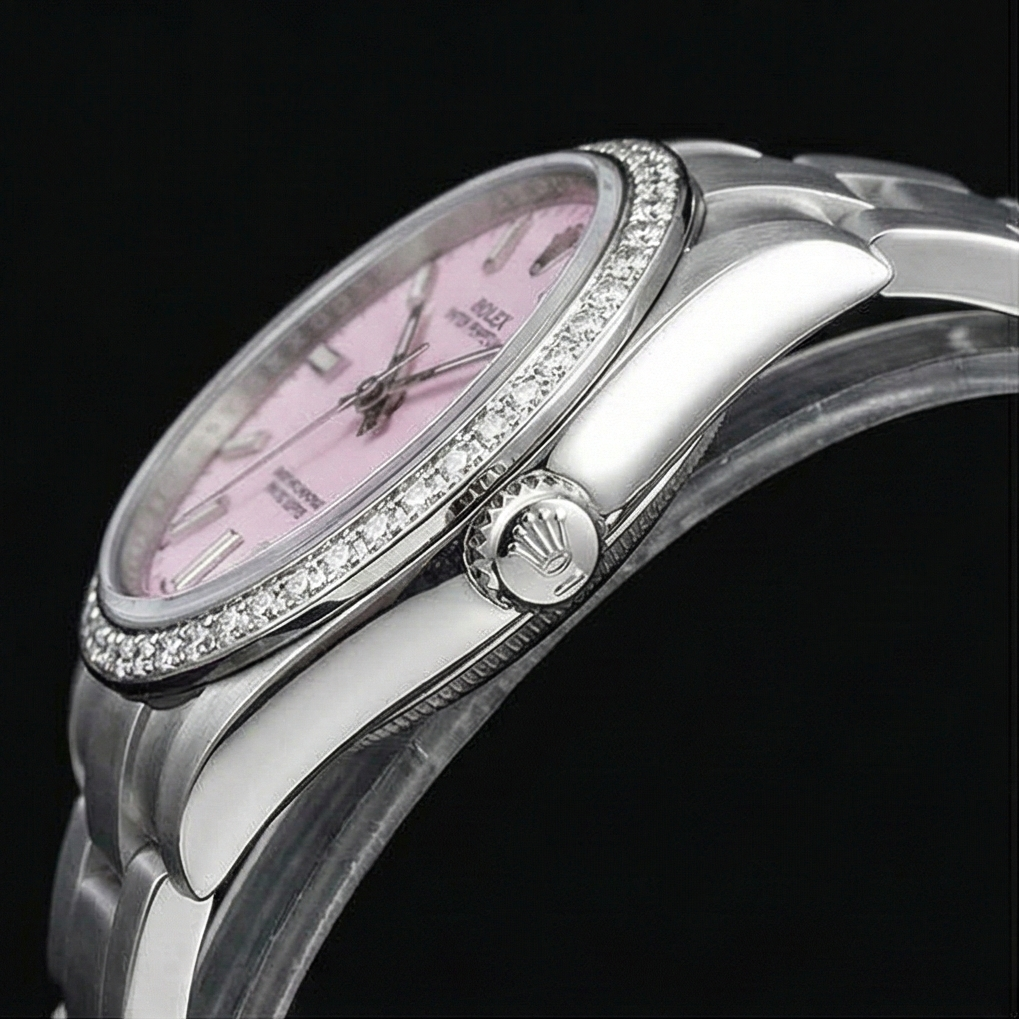 Orologio da donna in acciaio inossidabile con lunetta ghiacciata Rolex Ostrica perpetua