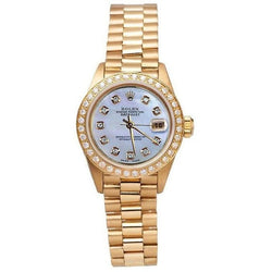 Orologio da donna in oro giallo con quadrante in madreperla e diamanti, con lunetta stile presidenziale Rolex
