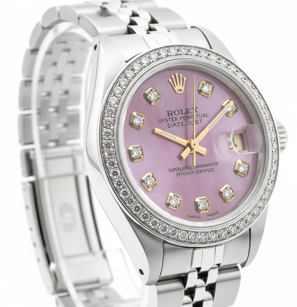 Orologio da donna perpetuo Rolex Date Just con quadrante bordeaux e lunetta in acciaio inossidabile