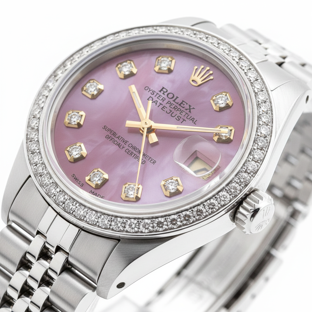 Orologio da donna perpetuo Rolex Date Just con quadrante bordeaux e lunetta in acciaio inossidabile