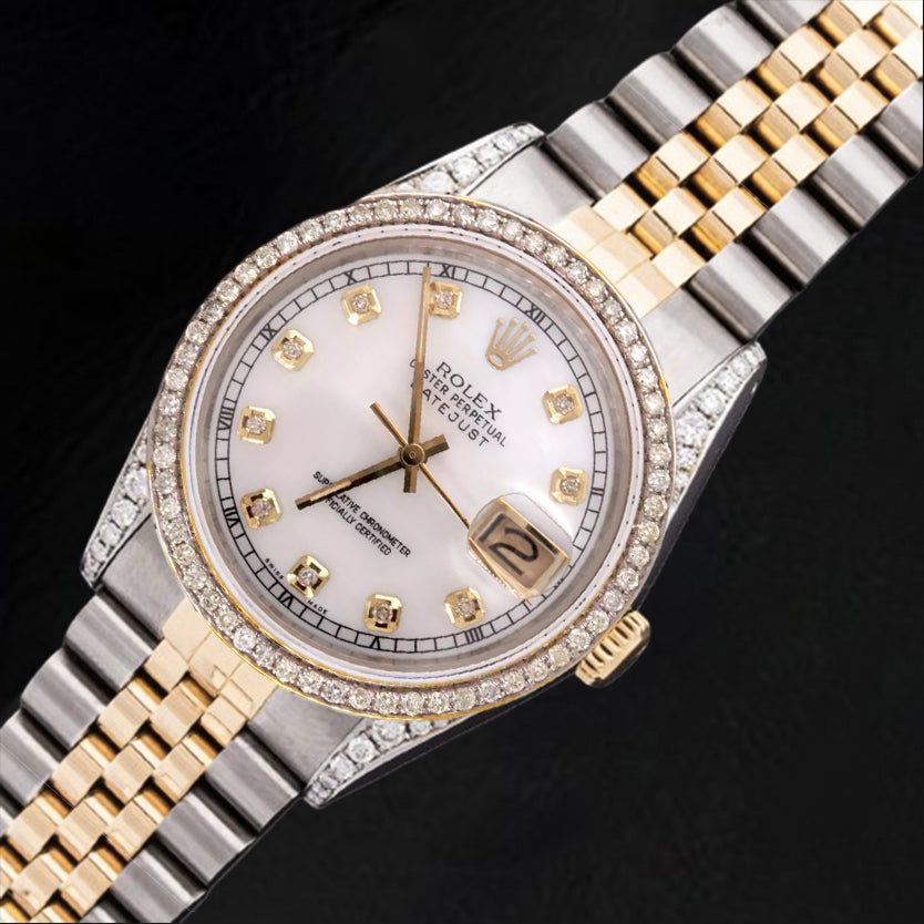 Orologio da polso Rolex giubileo bicolore da 36 mm con quadrante bianco e lunetta in diamanti