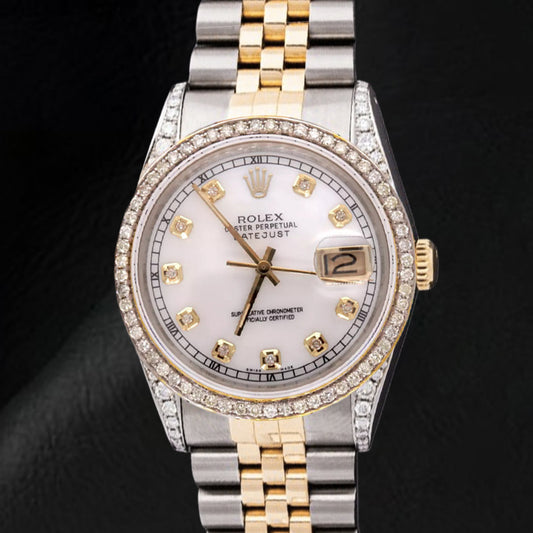 Orologio da polso Rolex giubileo bicolore da 36 mm con quadrante bianco e lunetta in diamanti