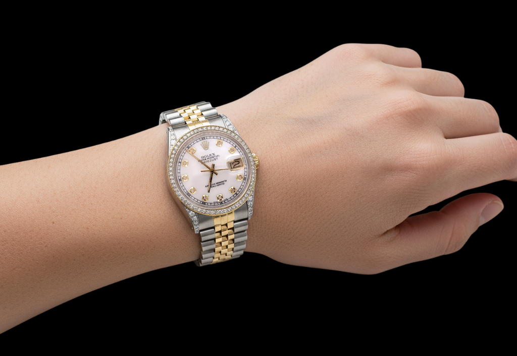 Orologio da polso Rolex giubileo bicolore da 36 mm con quadrante bianco e lunetta in diamanti