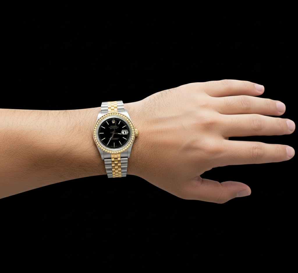 Orologio da uomo Rolex Datejust con quadrante nero e lunetta in diamanti bicolore