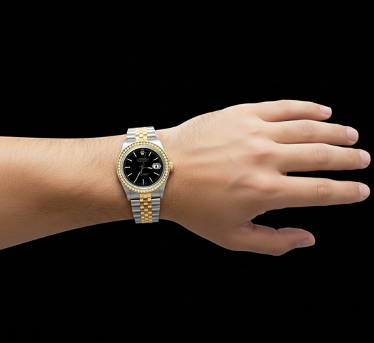 Orologio da uomo Rolex Datejust con quadrante nero e lunetta in diamanti bicolore