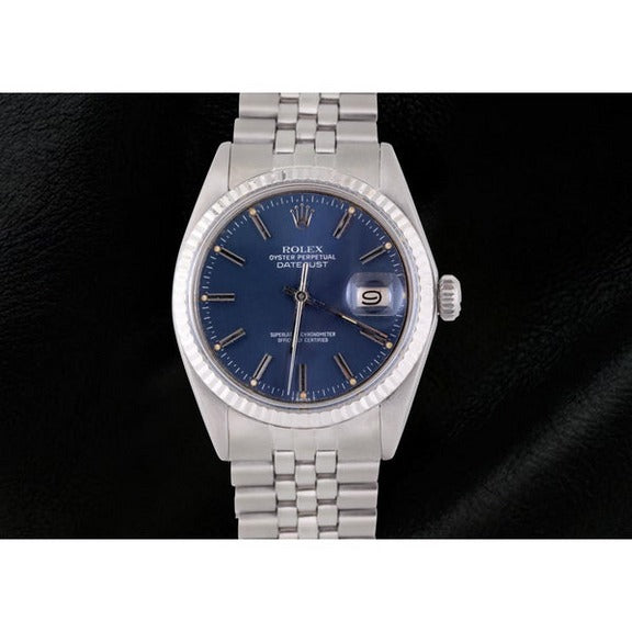 Orologio da uomo Rolex Datejust giubileo in acciaio inossidabile con quadrante blu a bastoncino e lunetta scanalata 
