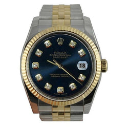 Orologio da uomo Rolex Datejust in acciaio inossidabile e oro, con lunetta scanalata blu, montaggio rapido