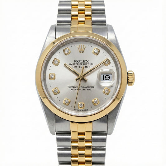 Orologio da uomo Rolex Datejust in acciaio inossidabile e oro con quadrante in argento e diamanti