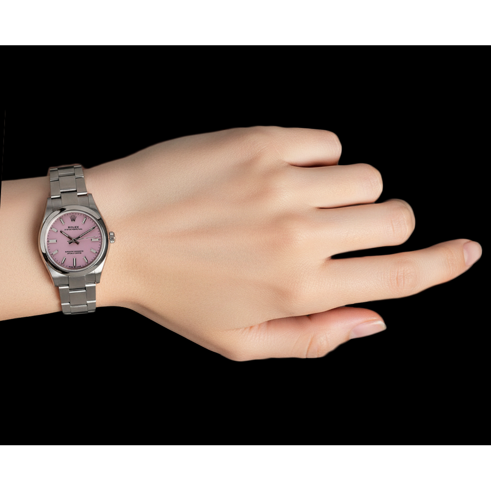 Orologio da uomo Rolex Ostrica perpetua da 31 mm con quadrante luminoso rosa caramello in acciaio inossidabile P3