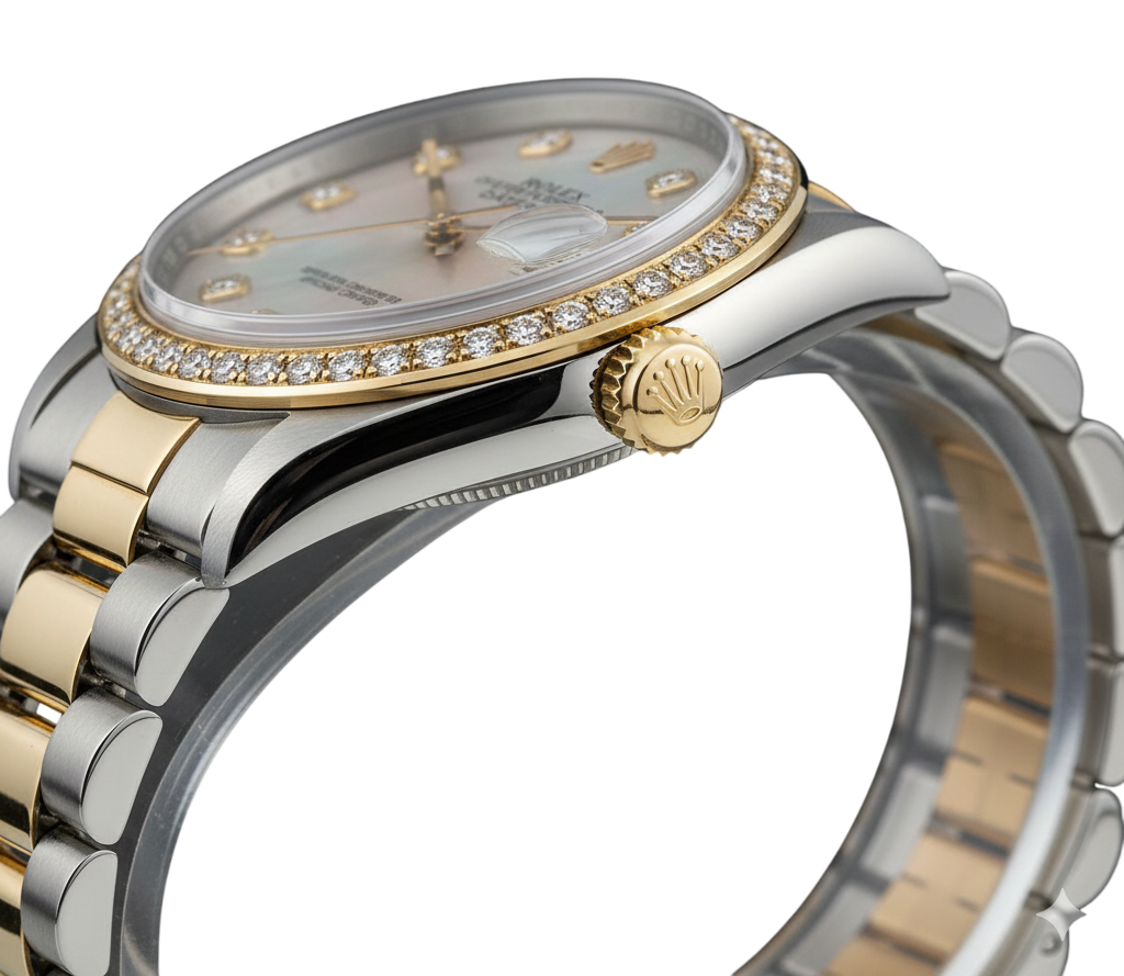 Orologio da uomo Rolex con quadrante in madreperla e diamanti, lunetta in oro giallo