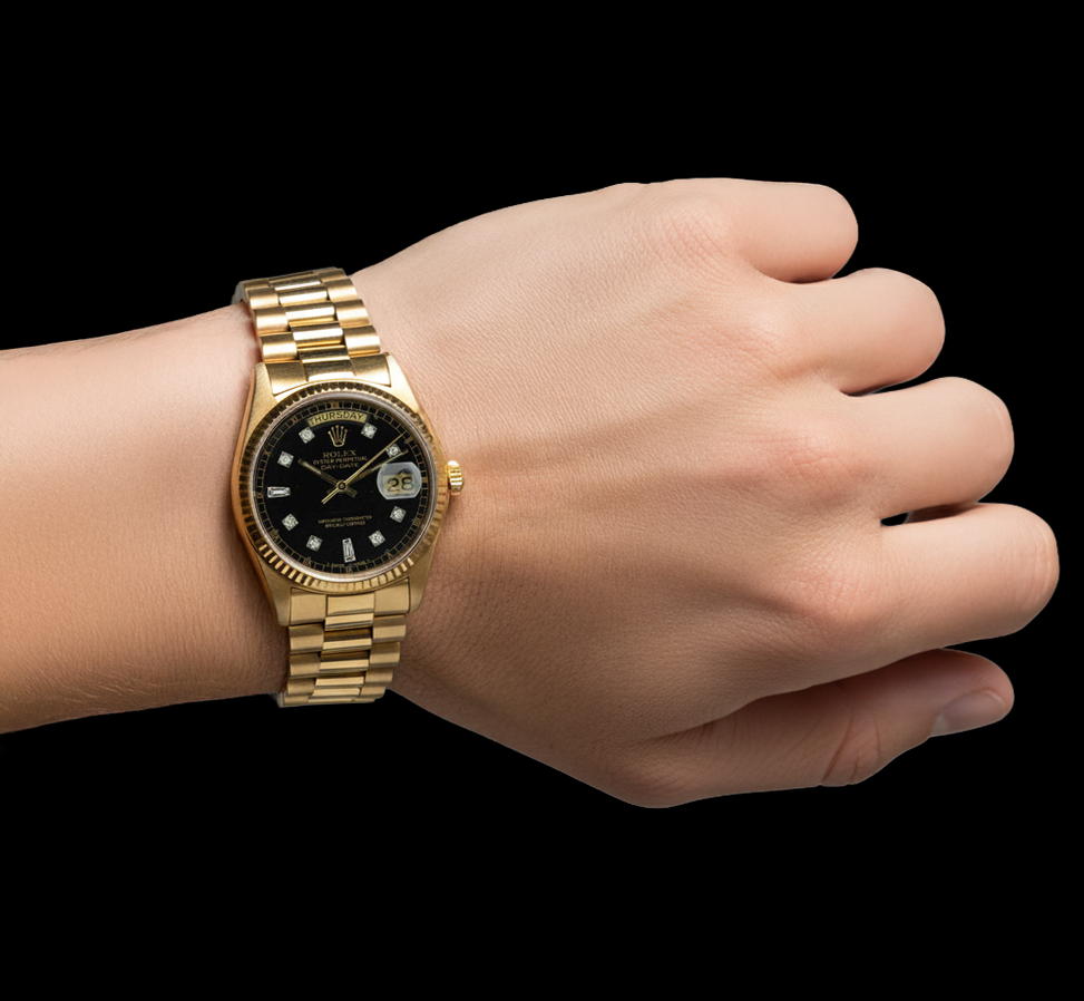 Orologio da uomo Rolex giorno data  36 mm con finitura corteccia, oro giallo 18 carati, nero