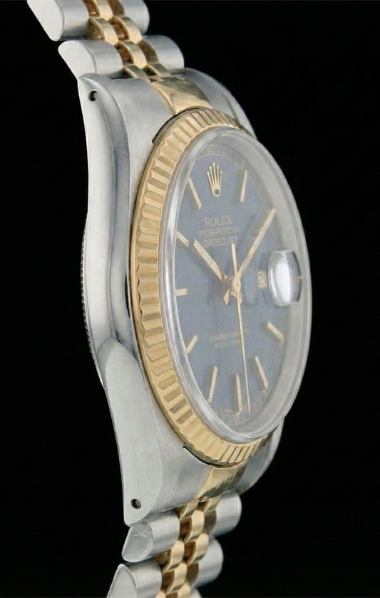 Orologio da uomo Rolex in acciaio inossidabile e oro con quadrante blu, impostazione rapida