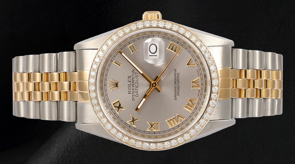 Orologio da uomo con lunetta di diamanti Rolex Datejust, quadrante romano grigio giubilare bicolore