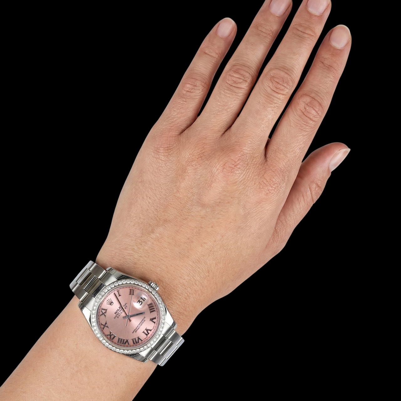 Orologio da uomo ostrica in acciaio inossidabile con quadrante romano rosa, lunetta con diamanti, Rolex Datejust, impostazione rapida