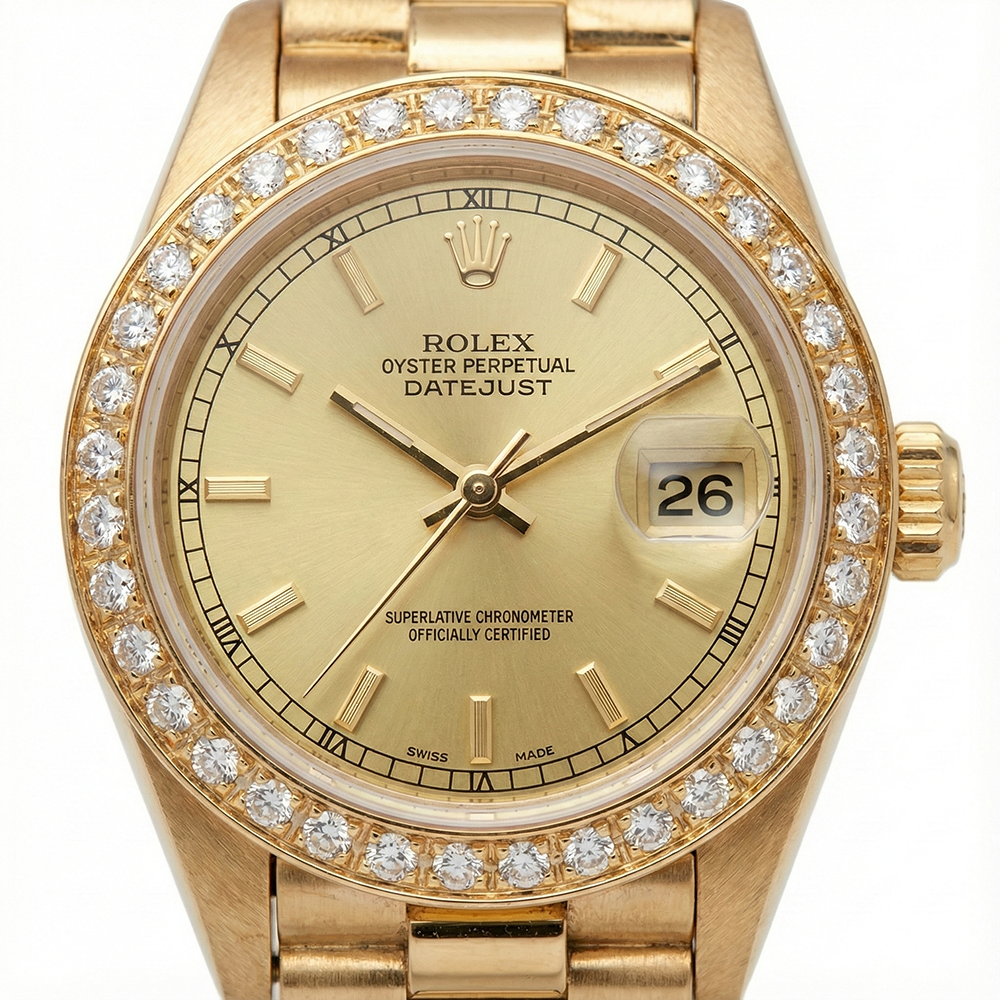 Orologio presidenziale con lunetta in diamanti e quadrante in oro champagne con data