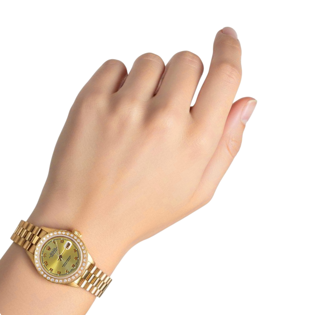 Orologio presidenziale in oro arabo champagne con lunetta in diamanti Rolex Datejust P2