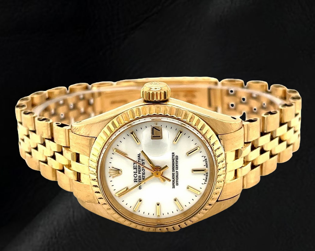 Orologio da donna Rolex Datejust President Style in oro giallo con quadrante bianco a bastoncino