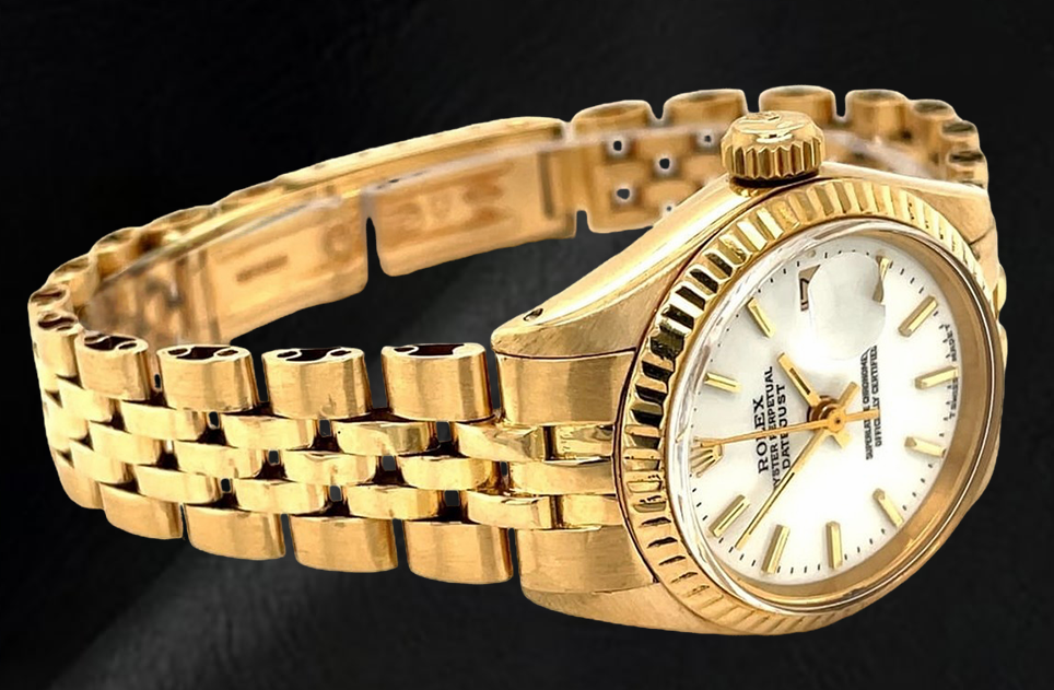 Orologio da donna Rolex Datejust President Style in oro giallo con quadrante bianco a bastoncino