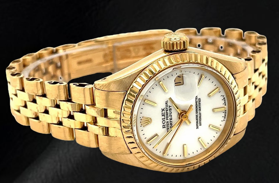 Orologio da donna Rolex Datejust President Style in oro giallo con quadrante bianco a bastoncino