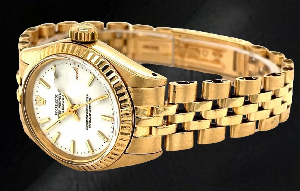 Orologio da donna Rolex Datejust President Style in oro giallo con quadrante bianco a bastoncino