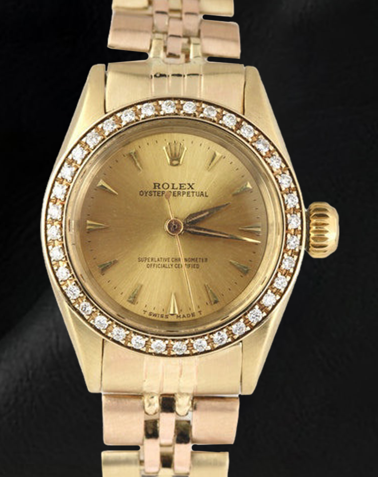 Orologio da donna Rolex Oyster Perpetual con lunetta in oro giallo e diamanti