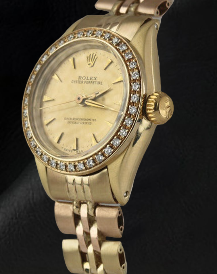 Orologio da donna Rolex Oyster Perpetual con lunetta in oro giallo e diamanti