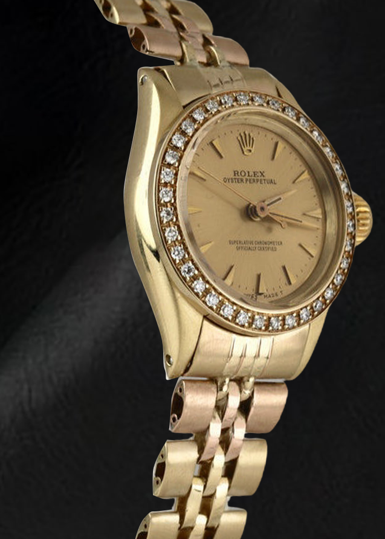 Orologio da donna Rolex Oyster Perpetual con lunetta in oro giallo e diamanti