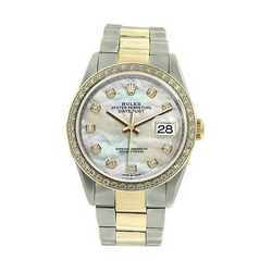 Orologio da uomo Rolex con quadrante in madreperla e diamanti, lunetta in oro giallo