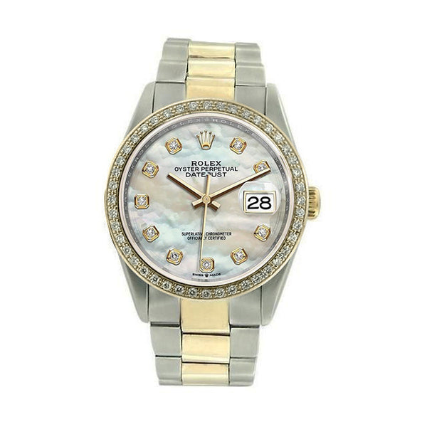 Orologio da uomo Rolex con quadrante in madreperla e diamanti, lunetta in oro giallo