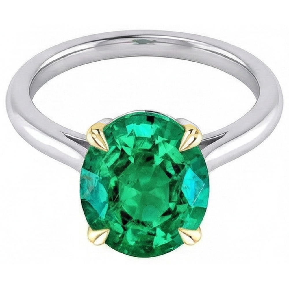 Taglio Ovale Smeraldo Fine anello in Oro Due Toni 14K – vista frontale