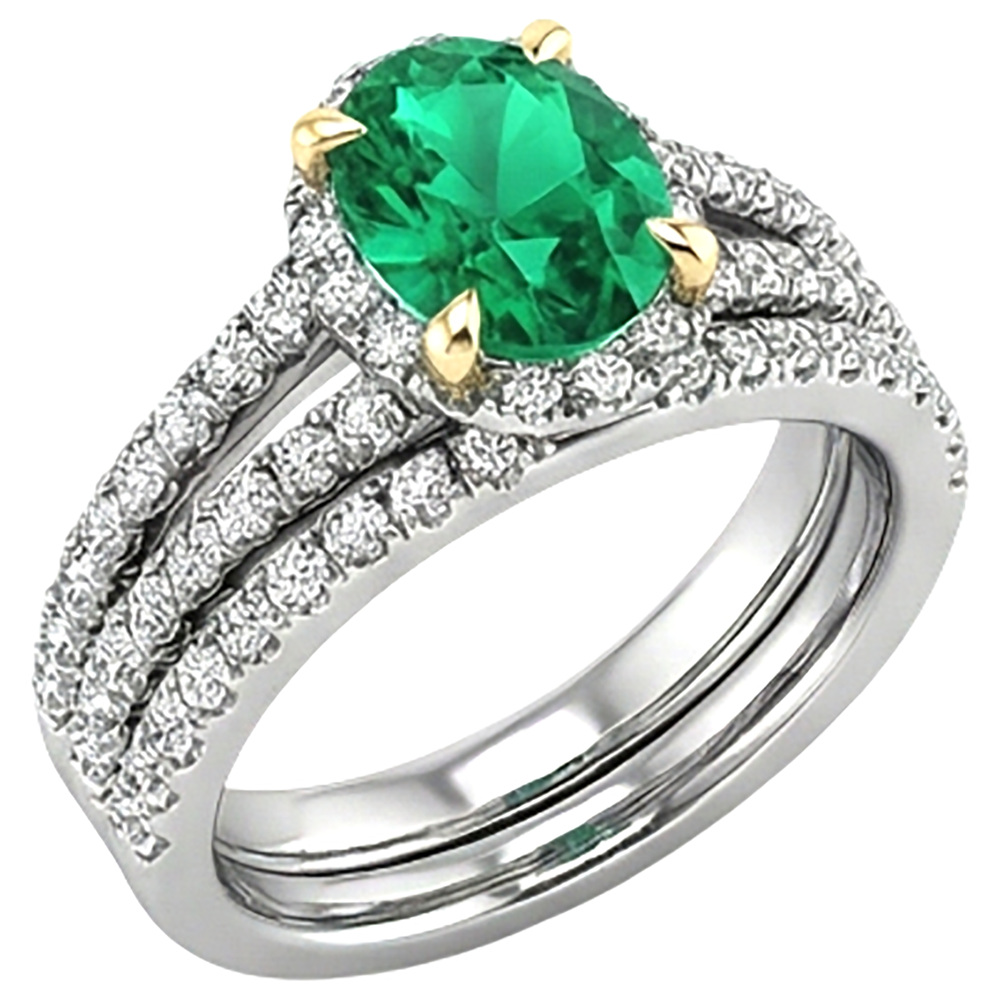 Anello con Pietra Preziosa Oro Due Toni 14K con Smeraldo – vista angolare