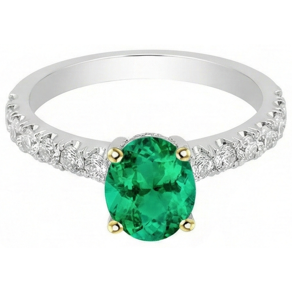 Smeraldo Colombiano Anello con Pietra Preziosa 2 carati Oro Bicolore 14K – vista frontale