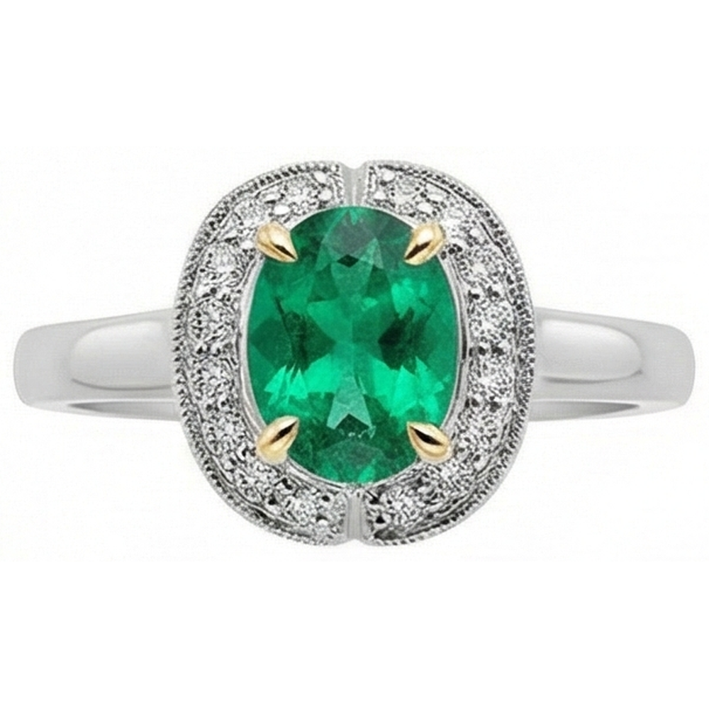 Anello con Pietra Preziosa Oro 14 Carati Bicolore con Smeraldo – vista angolare