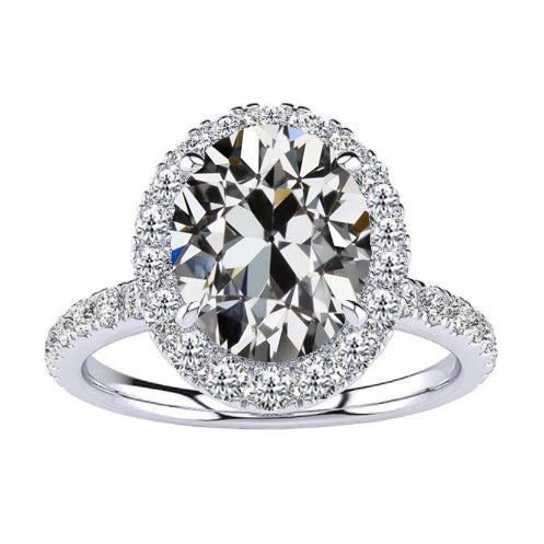 Diamante Fine Cuscino Antico Anello di Fidanzamento Halo in Oro Bianco 14K – vista principale